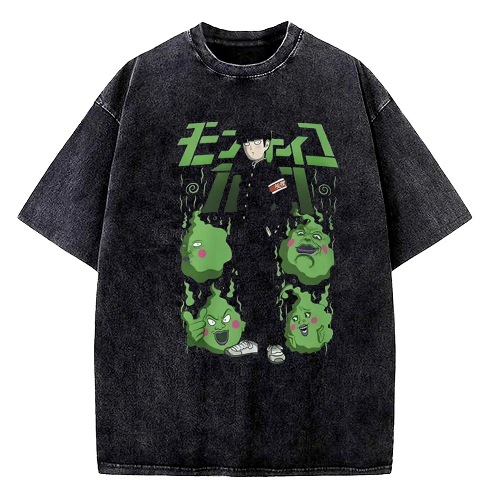 Vintage Washed Mob Psycho 100 Funny Anime T-shirt Men 100% Cotton Tee Japan Manga High Quality Streetwear Cartoon T Shirt view 5