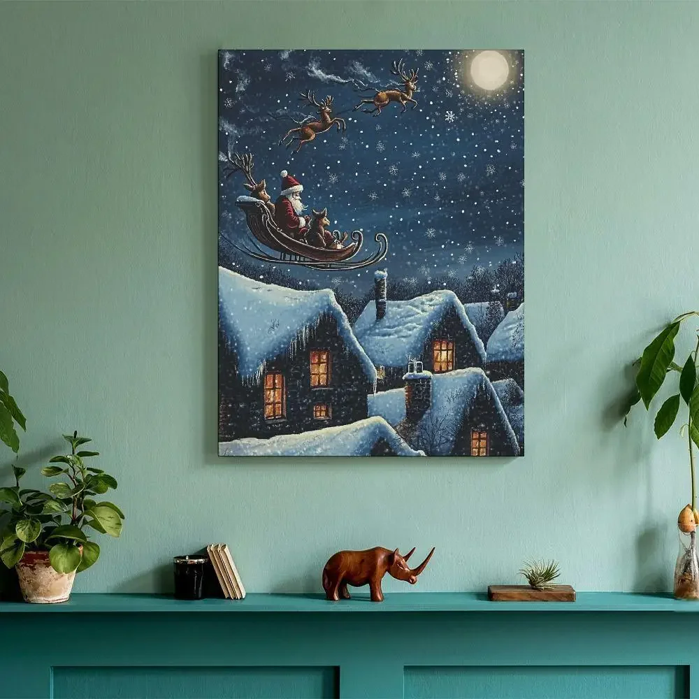 Peinture de bureau de Noël éclairée par fibre optique, affiche de scène d'hiver, peinture sur toile, père Noël, cadre photo en traîneau, 1PC