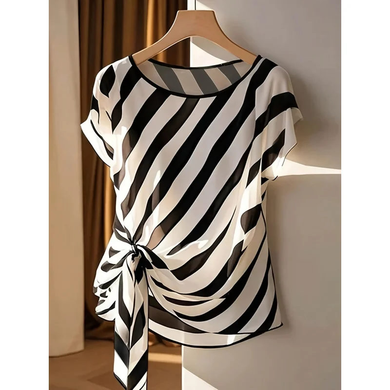 Women's Elegant French-Inspired Sleeveless Blouse with Bow Detail & Striped Pattern