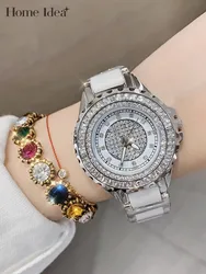 Women Shiny Rhinestone Quartz Wristwatch Ladies Ceramic Elegant Push Button Hidden Clasp Fashion Watch