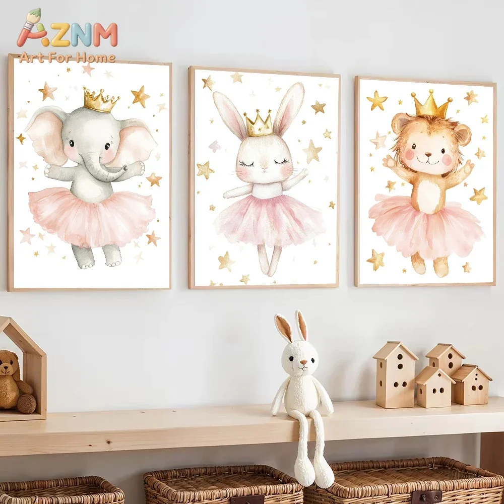 Pink Unicorn Bunny Lion Elephant Crown Ballet Dancer Poster Print Nursery Wall Art Canvas Painting Nordic Cartoon Kid Room Decor