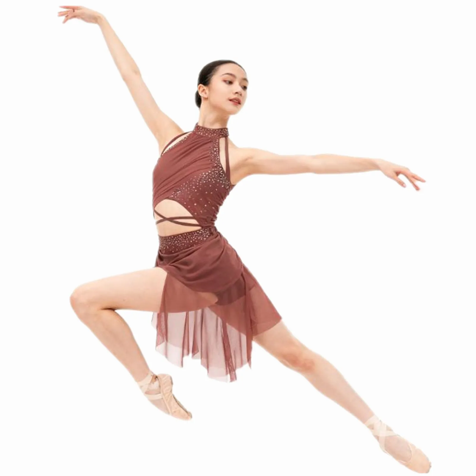 Womens Glittery Rhinestone Gymnastics Ballet Jersey Lyrical Dance Performance Costume Sheer Mesh Overlay Dance Leotard Dress