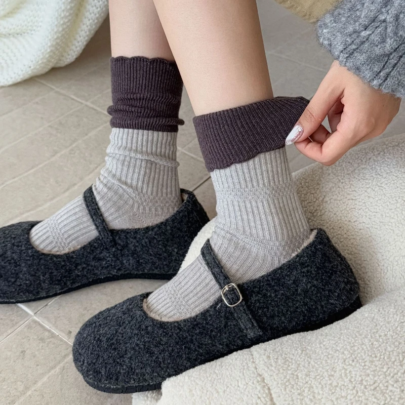 اليابانية الرجعية النساء الجوارب الخريف والشتاء Harajuku موضة اللون مطابقة الجوارب الطويلة النساء JK لوليتا Kawaii لطيف مكشكش الجوارب #2