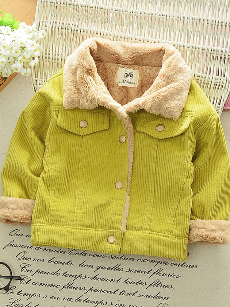 Corduroy Plush Jacket 2023 New Autumn/Winter Boys Girls Thickening Single Breasted Cotton Top Casual Fashion Warm Baby\'s Coat