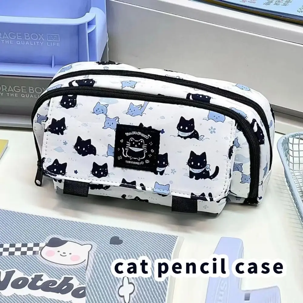 Three-layer Snow Cat Pencil Bag Thicken Large Capacity Snow Kitten Pencil Case Kawaii Cartoon Animal Kitten Stationery Bag