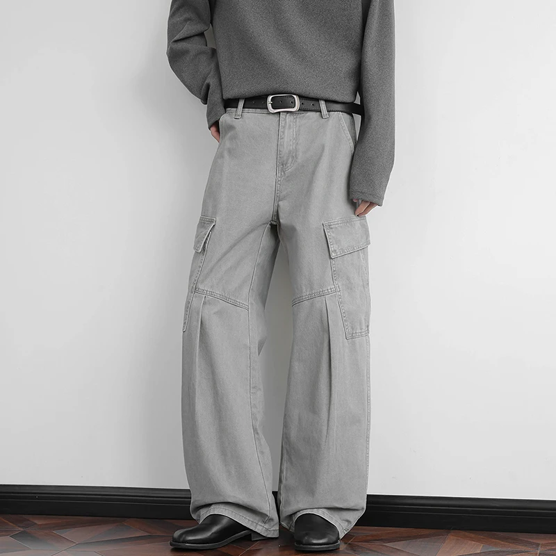 

Мужские брюки-карго из 100% хлопка с полуэластичной резинкой на талии, осень-зима, повседневные уличные рабочие брюки с большими карманами, пуговицы и петли на поясе