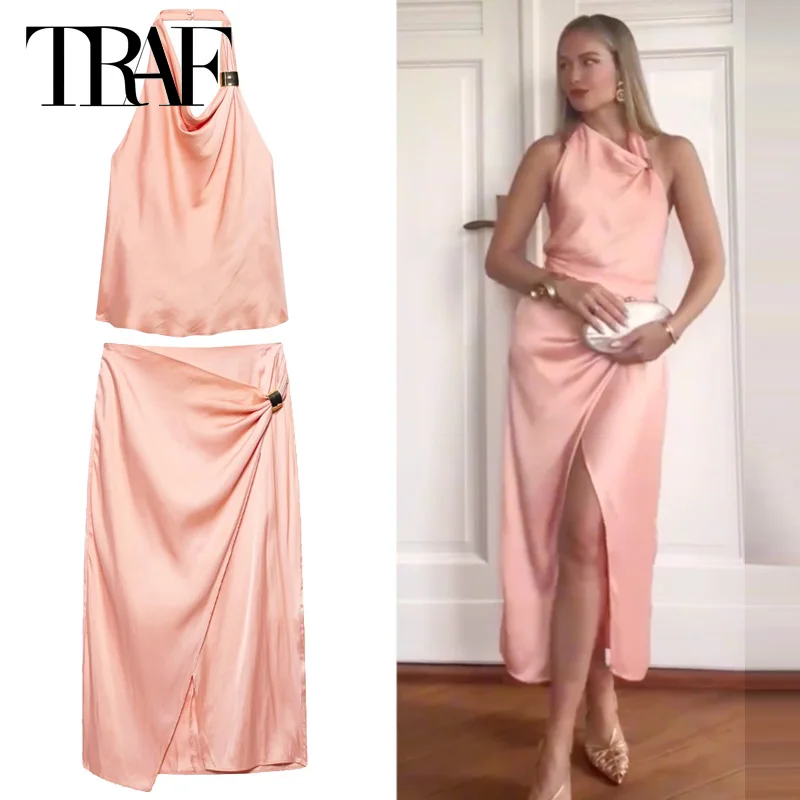 

TRAF Атласная юбка Элегантные женские комплекты Топ с открытой спиной и лямкой на шее Комплекты из 2 предметов Женский наряд Асимметричная юбка с высокой талией и разрезом Костюмы
