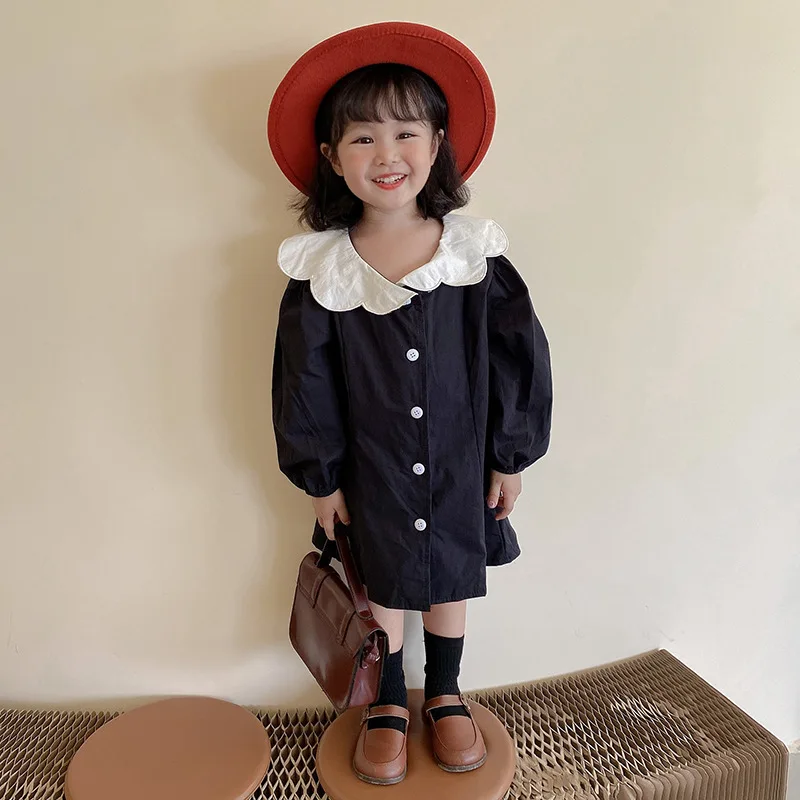 Korean Children Clothing French Hepburn Style Girls Dress Cotton Flower Collar Small Black Dress Children Fashion Princess Dress
