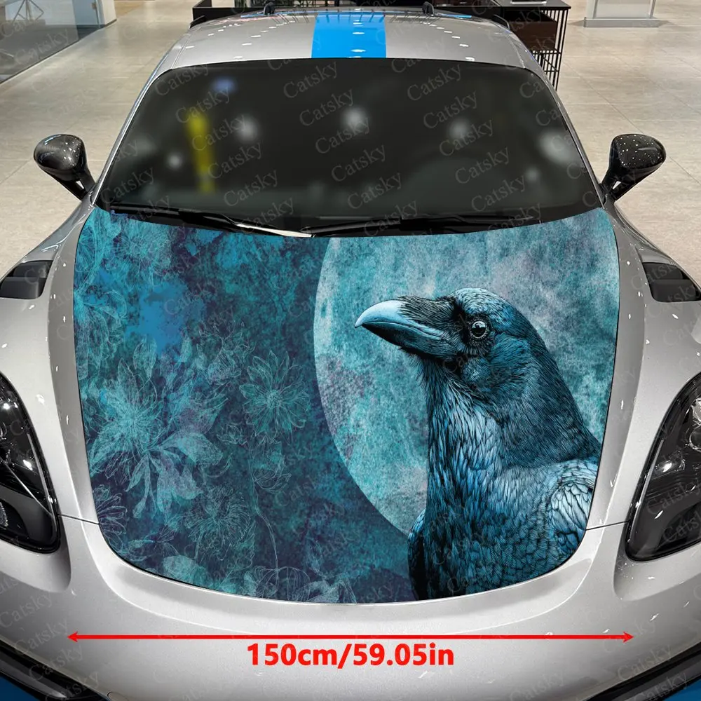 Car Decal Blue Raven with Moon Textural Artistic Fusion Design, Creating a Mysterious and Lunar-Dark Fantasy Visual Car Hood Sti