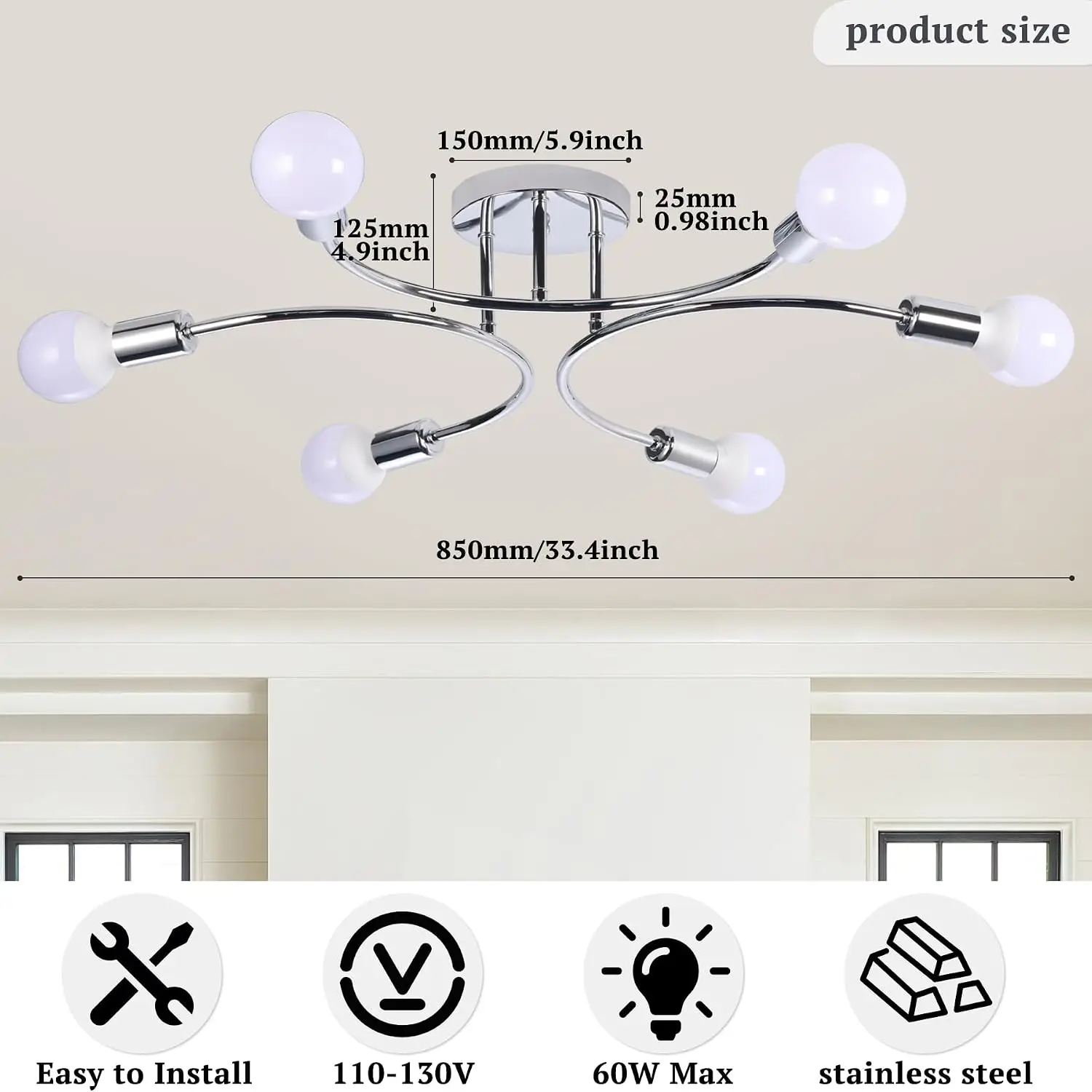 6-Light Sputnik Semi-Recessed Ceiling Lamp Silver E26