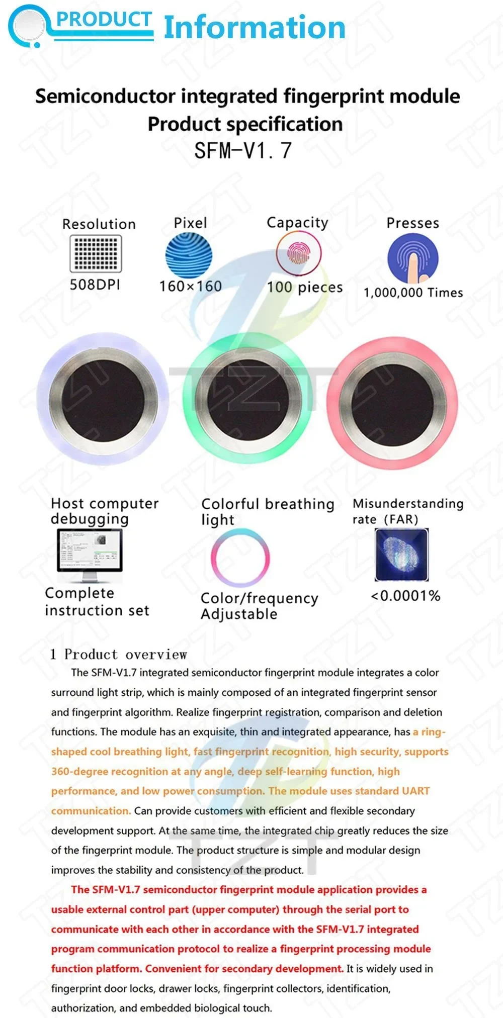 SFM-V1.7 Semiconductor Integrated Touch Capacitive Acquisition And Identification Fingerprint Sensor Module UA RT Communication