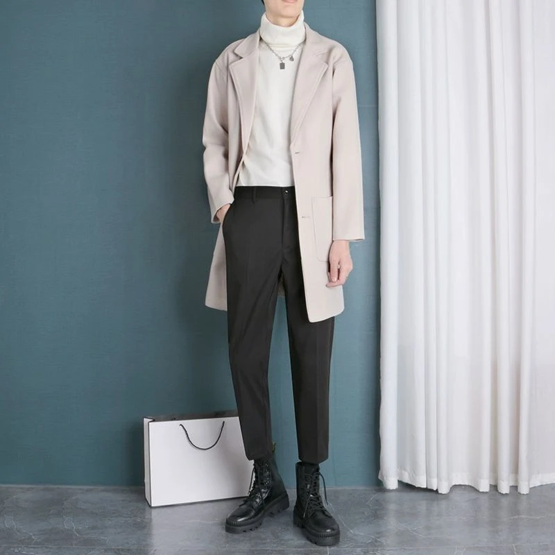 

Premium Wool Blend Trench Coat for Men Korean Trendy Loose Jacket with Blazer Collar Knee Length​