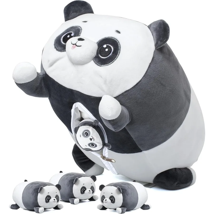 

PixieCrush Panda with Puppies Plush Toy Set - Super Soft Plush Material - Includes Mommy Panda with 4 Removable Puppies - Black