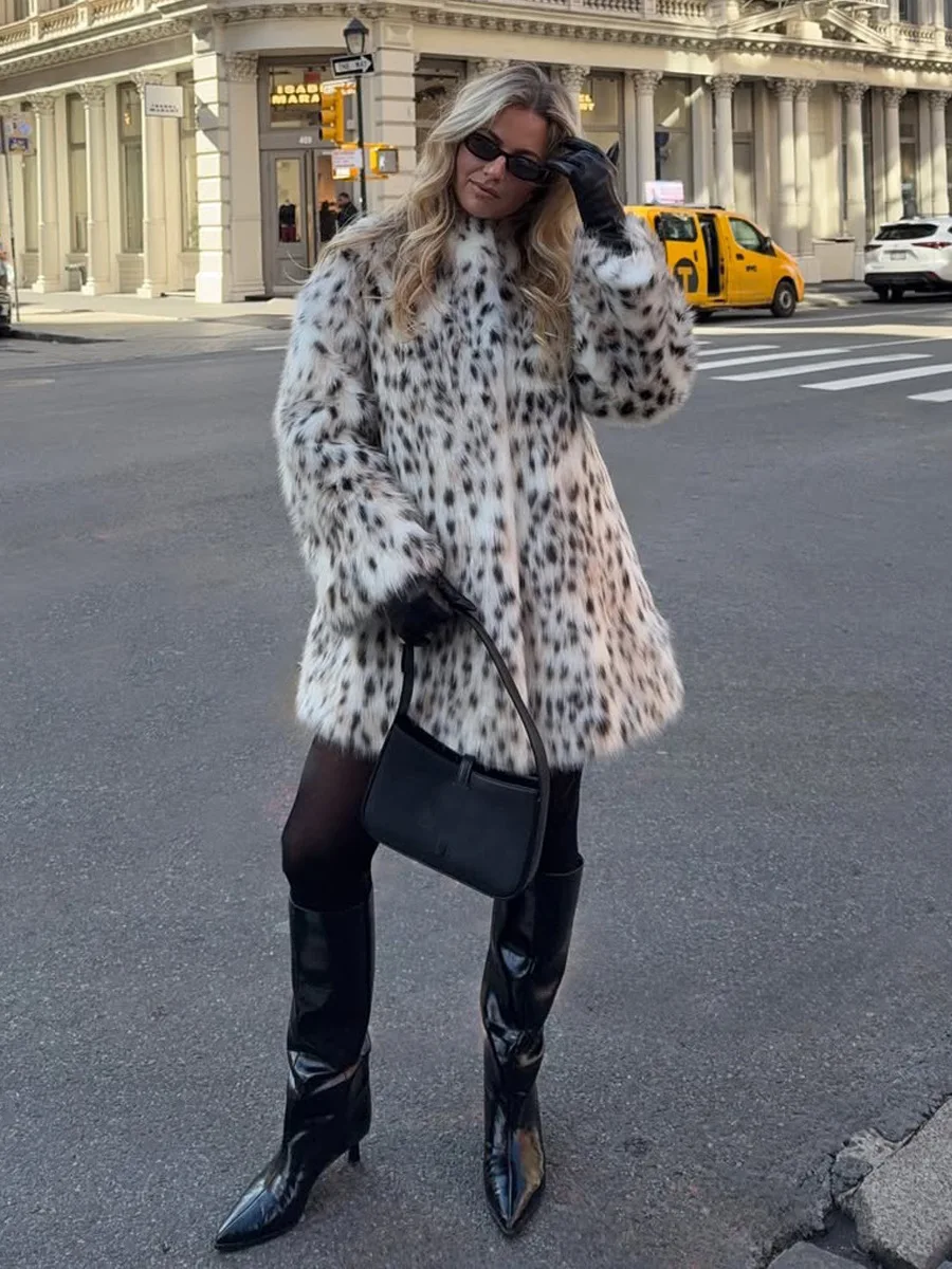 Winter Women Stand Collar Print Leopard Coat Thick Warm Loose Streetwear Jacket Outerwear Faux Fur Mid Length Jacket Coats