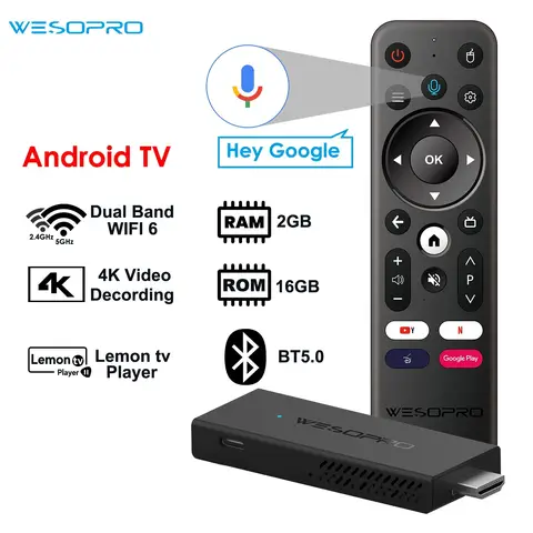 WESOPRO TV Stick G2 Android 12 Smart TV Dongle 2GB RAM 16GB ROM 2.4GHz 5.0GHz Wifi6 BT5.0 H.265 4K 30pfs Media Player