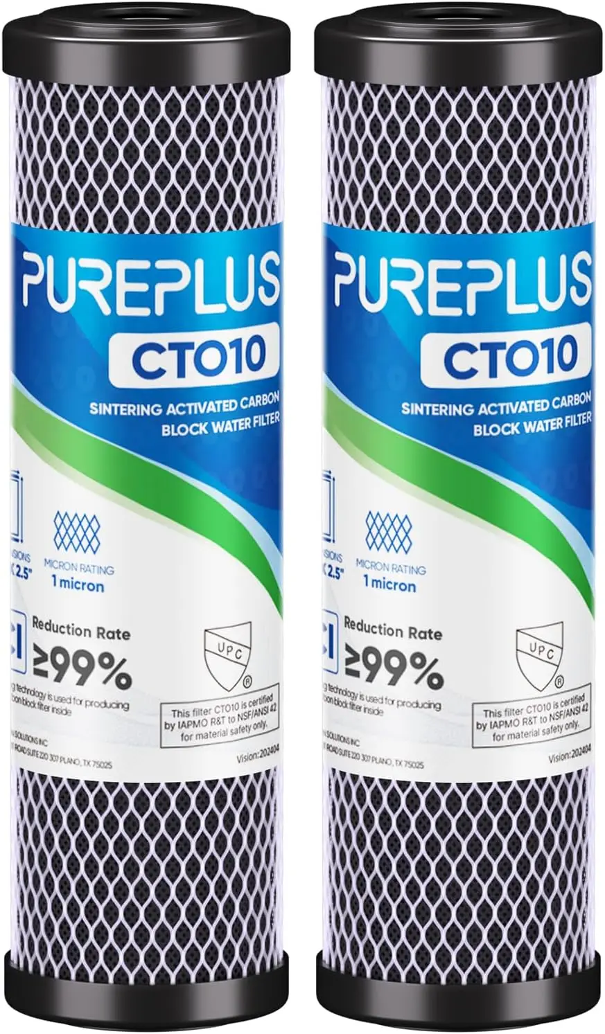 

2.5" x 10" Whole House CTO Carbon Water Filter Cartridge, 2-Pack, 1 Micron, for Standard Systems, Removes Chlorine & Odor