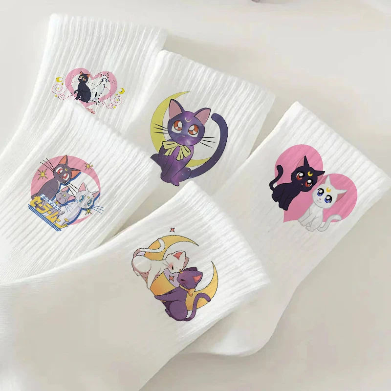 5pairs Sailors Moon Women Above Ankle Socks Luna Artemis Cats Female Cotton Crew Socks All Seasons Sport Thin Calf Socks