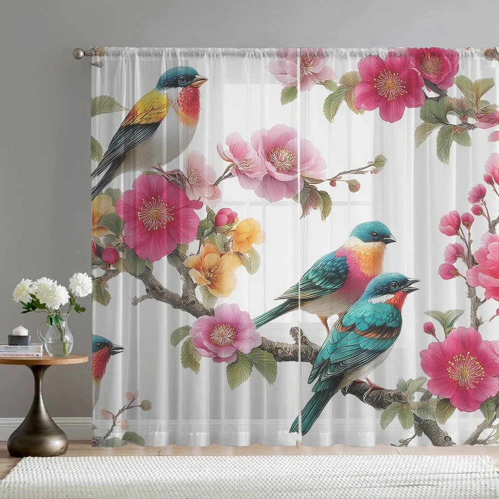 2Pcs Rose Red Flowers And Colorful Bird Print Home Decoration Window Screens, Suitable For Coffee Shops, Restaurants, Bedrooms