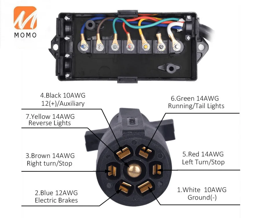 7 Way 4ft Trailer Cord cable with RV 7 Gang Junction Box Kit and 7pin Plug Holder with Junction Box