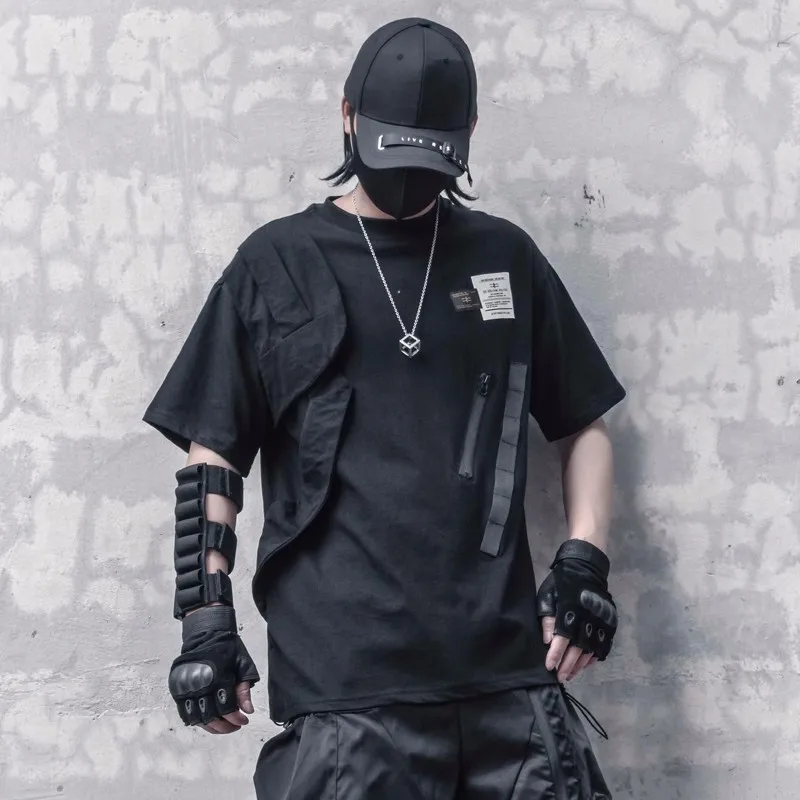 

ARENS Techwear Black T-Shirt Men 2025 Summer Zipper Patchwork Design Streetwear Tshirts Hip Hop Cotton Tops Tees