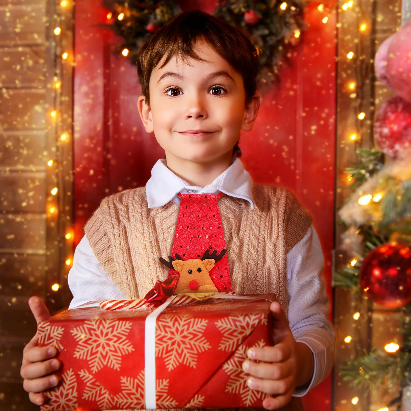 

2Pcs Christmas Sequin Neckties Fabric Elk Pattern Hanging Decoration for Tree Holiday Party Adult Red Green Seasonal