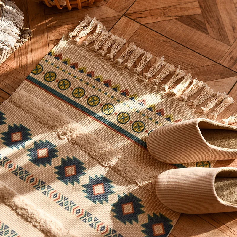 Nordic Tassel Knit Rug Ethnic Carpet Small Rug 60x90cm Bedroom Kitchen Rugs Living Room Washable Mat Boho Retro Home Decoration