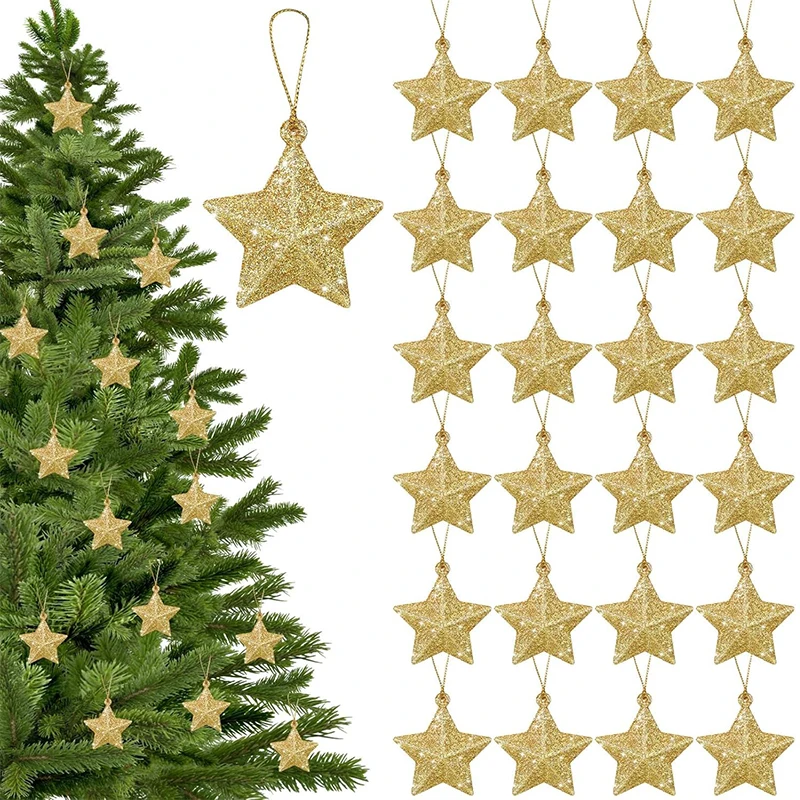 

4Pcs/set 5cm Glitter Star Ornament Plastic Star Christmas Tree Hanging Decoration for Home Party Decor DIY Wreath Accessories