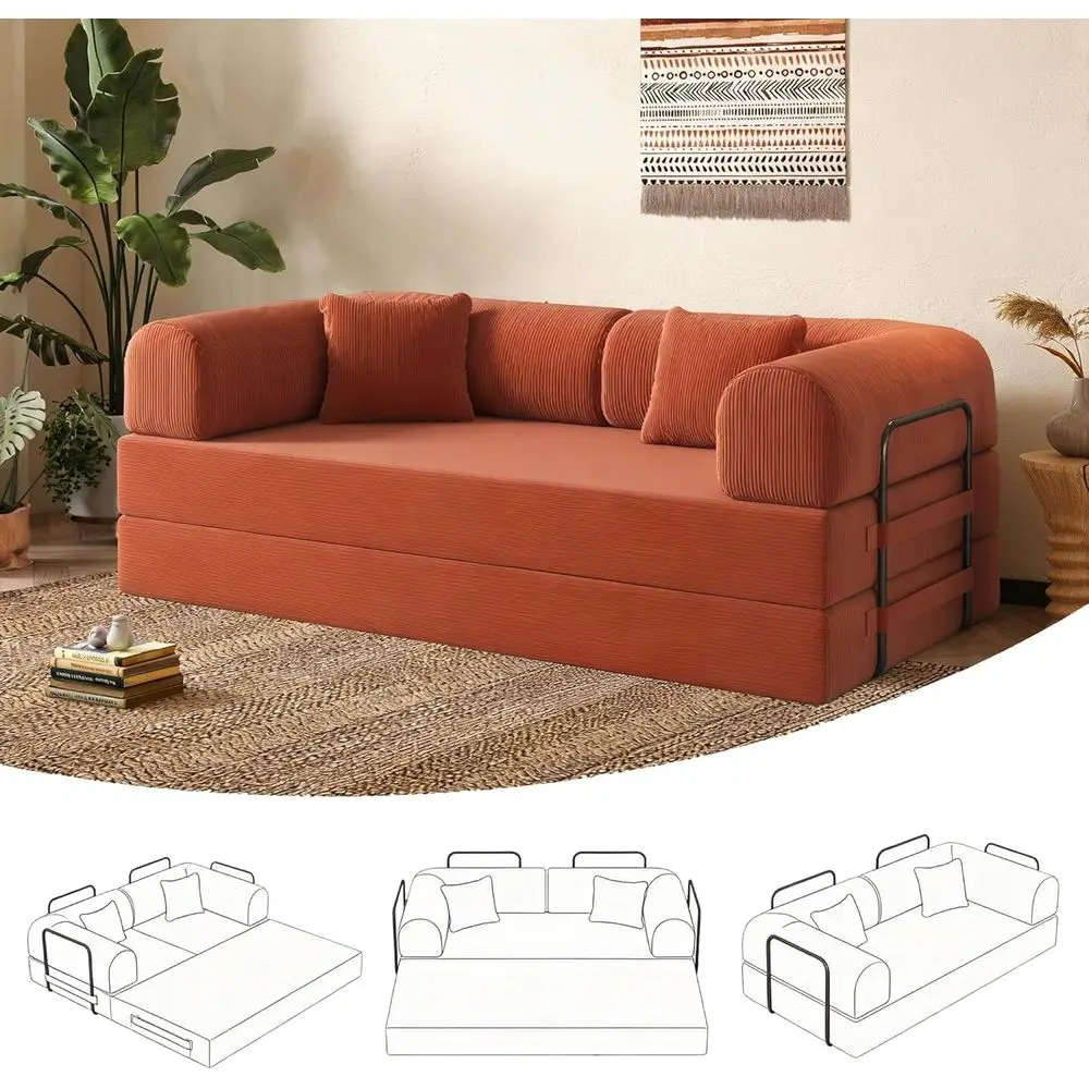 

5-in-1 Convertible Sofa Bed with Pillow - Corduroy Orange for Living Room, Bedroom, Lounge