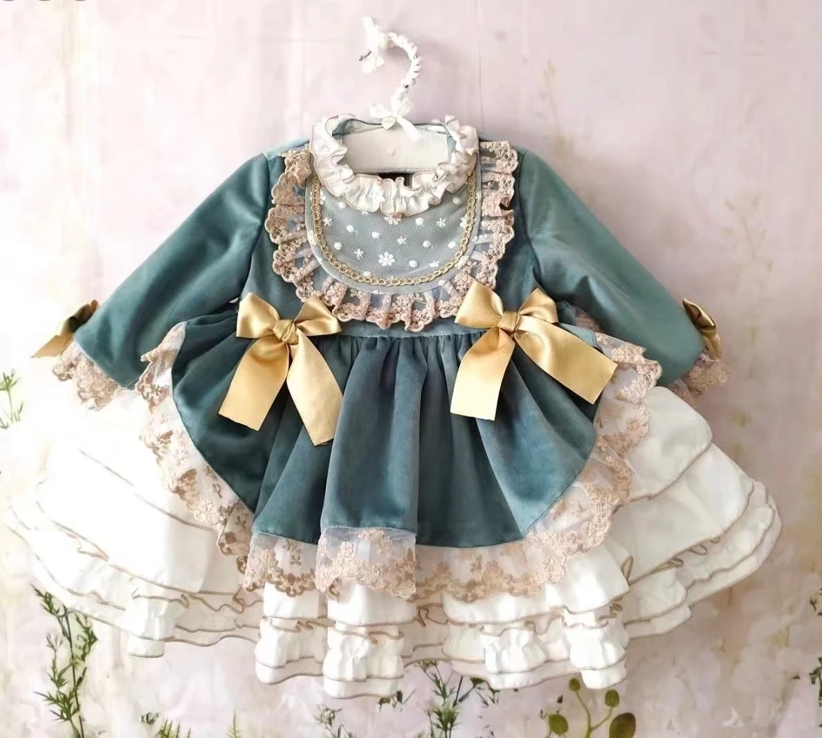 Baby Girl Autumn Winter Light Green Velvet Vintage Spanish Pompom Ball Princess Lolita Dress for Birthday