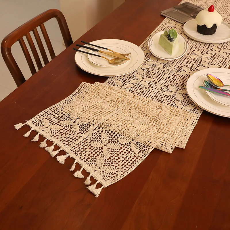 Boho Table Runner for Christmas Farmhouse Tassels Covers Table Runner Cream & Beige Rustic Macrame for Dining Bedroom Home Decor