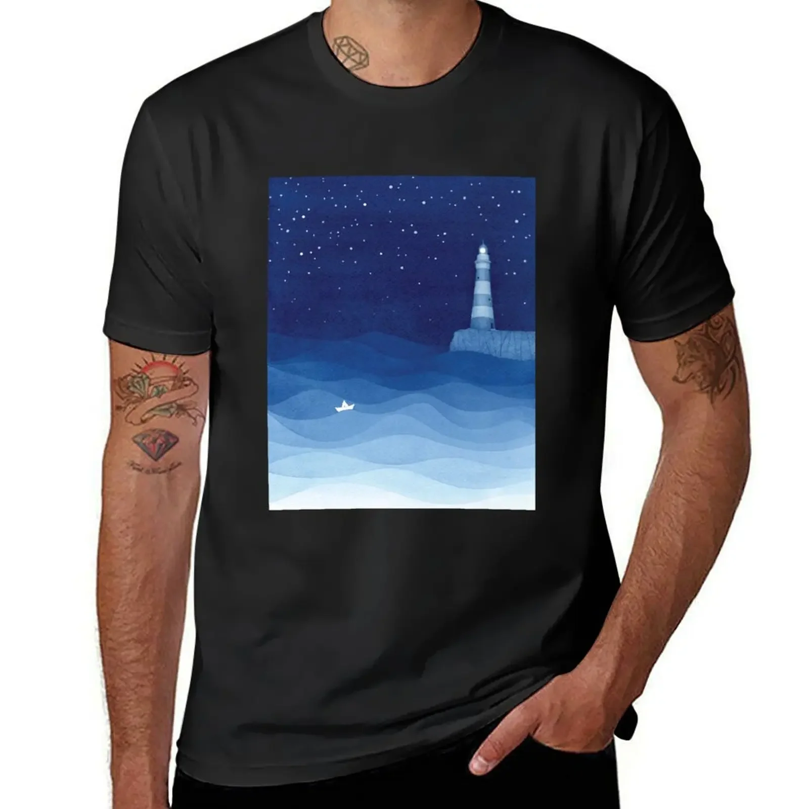 Lighthouse 2, blue ocean watercolor T-Shirt anime tshirt street wear summer tops T-shirt men