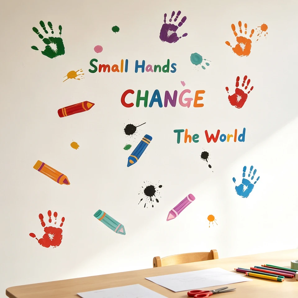 Small Hands Change The World Wall Stickers Colorful Handprint Crayon Paint Splatter Wall Decals Removable Kids Classroom Nursery