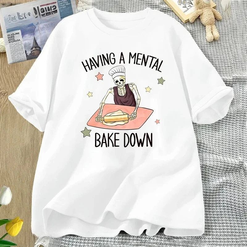 وجود العقلية خبز أسفل التي شيرت مضحك قصيرة الأكمام للأم تي شيرت الشيف الهيكل العظمي بيكر تي شيرت الجولة الرقبة ملابس امرأة Y2K #5