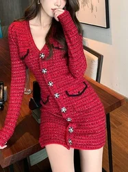 Elegant Lady Red Tweed Small Fragrant Christmas  Dress Vintage Long Sleeve Knit Dress 2024 Casual High Waist Woolen Vestidos