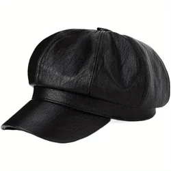 Kobiety Mężczyźni PU Skórzane Berety Kapelusz Retro Brytyjski Solidny Beret Czapka z daszkiem Czapka z daszkiem Outdoor Sun Hat Zimowe Ciepłe Ośmiokątne Czapki Czapki