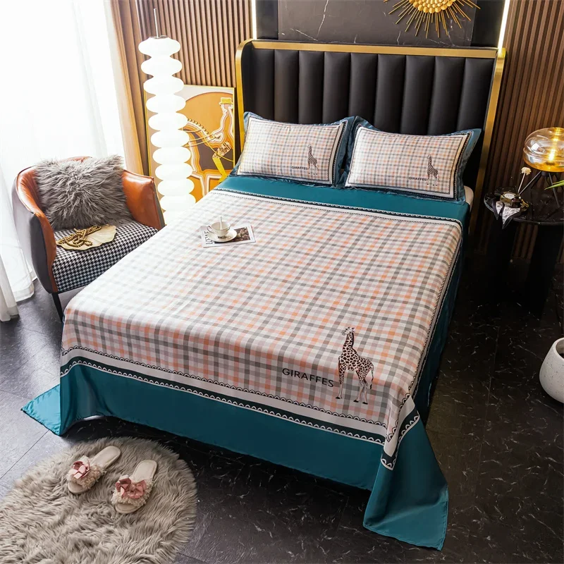 Plaid Giraffe Summer Sheet Set Cool Ice Silk Flat Sheets Cartoon Boy Girl Bed Linen Smooth Queen King Bedding with Pillowcases