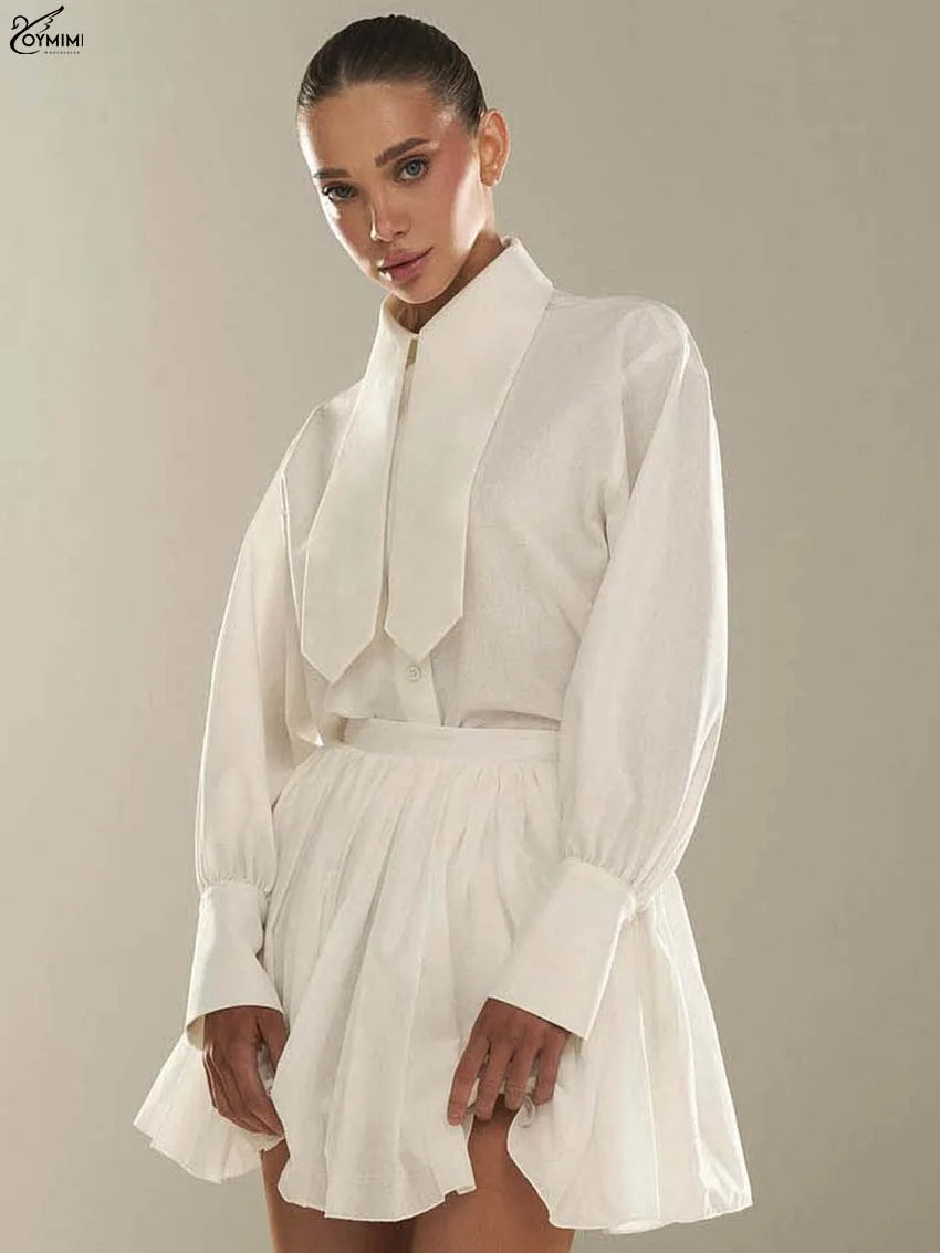 

Oymimi Fashion White 2 Piece Sets Woman Outfits Elegant Long Sleeve Single Breasted Shirts + High Waist Pleated Mini Skirts Sets