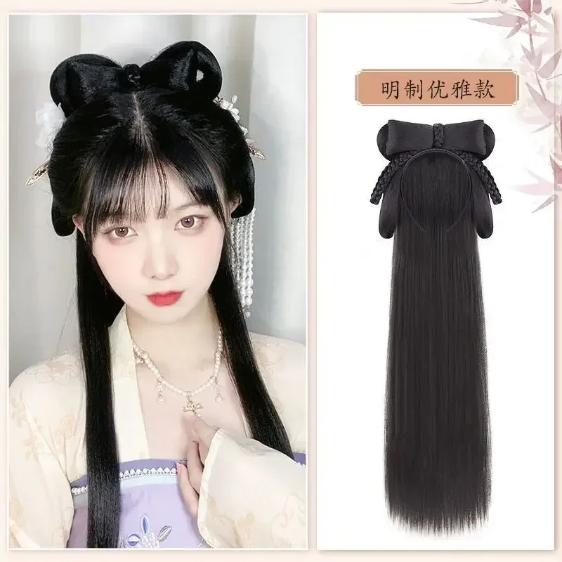Parrucche Cosplay Hanfu Donna Nero Anime Antico cinese Hanfu Parrucche Copricapo Accessori Hanfu Parrucche lunghe diritte Parrucca nera Fascia per capelli