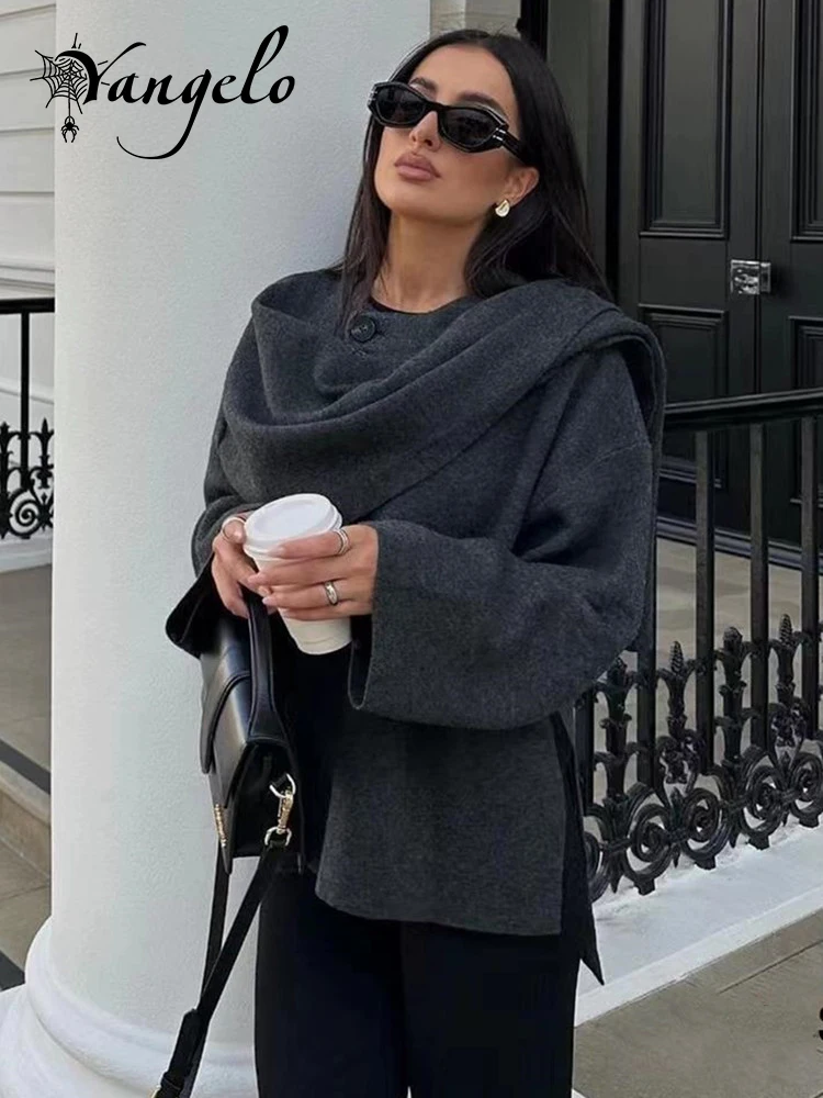 Yangelo Elegant Chic Gray Knitted Cape Coat with Scarf Women Fashion Long Sleeve Loose Cardigan Female Winter Streetwear