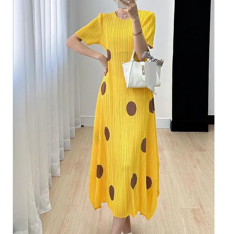 Summer pleated slim fit high waisted dress with irregular polka dot waist length  summer dress women  women clothing