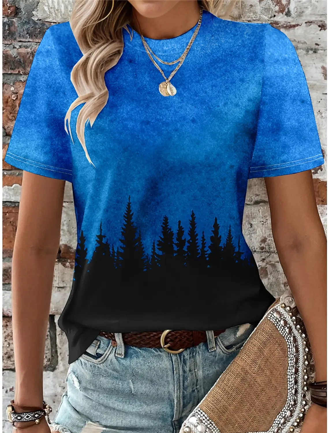 Sommer Frauen T-Shirt 3D-Druck Pflanze Baum T-Shirt lässig Kurzarm Tops Mode O-Ausschnitt T-Shirt für Frauen bunte Farbverlauf