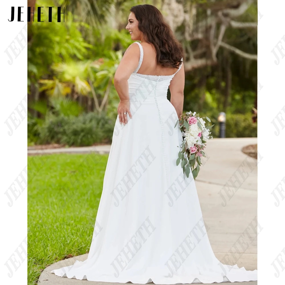 JEHETH Modern Wedding Dresses For Woman Plus Size Sleeveless Side Split Bride Gowns Satin Spaghetti Straps vestidos de novia