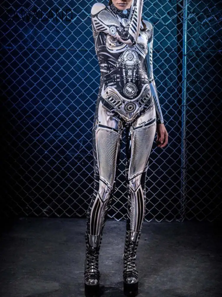 Zawaland Cosplay Punk Robot Adult Women Jumpsuit Clothing Printed Zentai Bodysuit Long Sleeves Costume Halloween Carnival Outfit