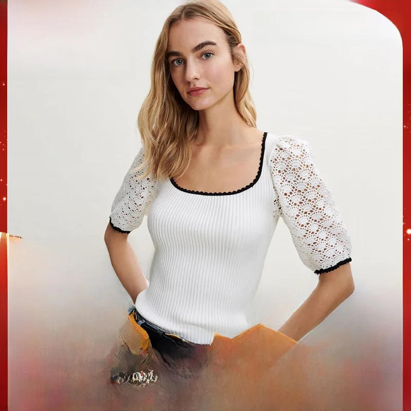 

MaSandeM Women's Knitted Hollow out Color Blo T-irt round Ne ort Sve Slim Fit Summer New Arrival PU00485