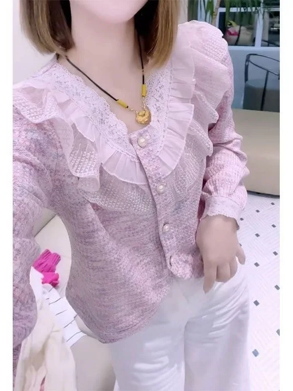 

Elegant Lace Splice Knitted Cardigan Women's Slim Fit Top V-Neck Long Sleeve Polyester Fiber Commute Style Autumn New Arrival