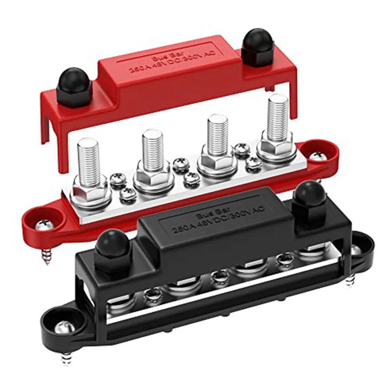 2 Piece 250A 12V Bus Bar Battery Power Distribution Block Black & Red 4 X 3/8Inch Posts 6 X 8 Screws Car Audio 12 Volt DC Busbar