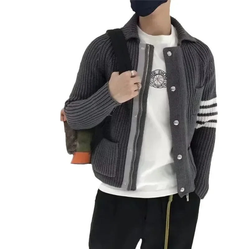 Suéter informal de punto con cremallera para hombre, prendas de vestir exteriores a rayas, moda de otoño e invierno, prendas de punto de marca de ocio para parejas