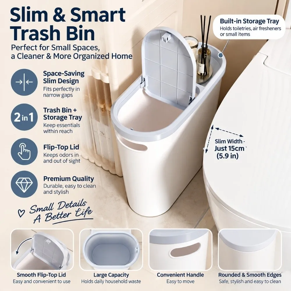 Slim Narrow Gap 10L Home Trash Can with Lid Large Capacity Bathroom Garbage Bin Seamless Press Type Living Room Dustbin