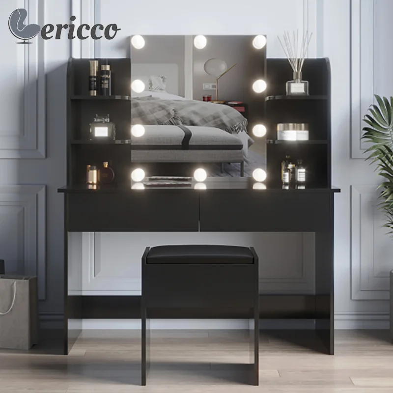 GERICCO Makeup Vanity Table Set with Mirror and Stool Multifunctional Storage Cabinet Modern Dressing Table Bedroom Furniture