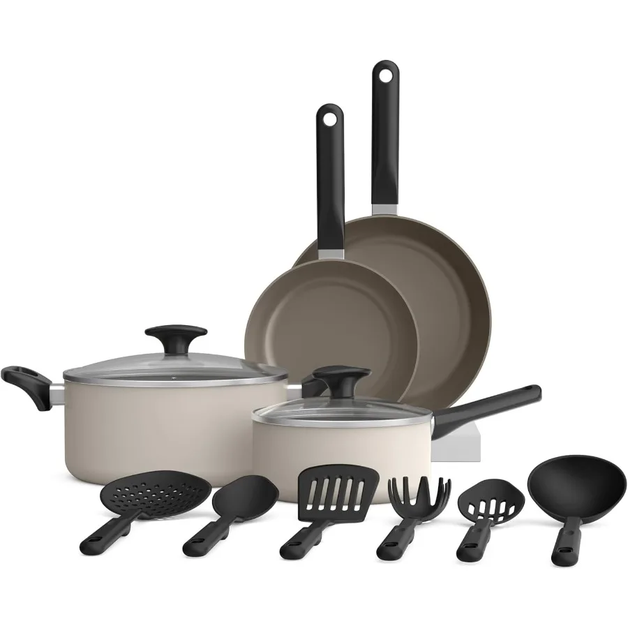 

12 Piece Cookware Set with EverGood Ceramic Nonstick Coating Dishwasher Oven Safe All Stovetops Compatible Tempered Glass Lids